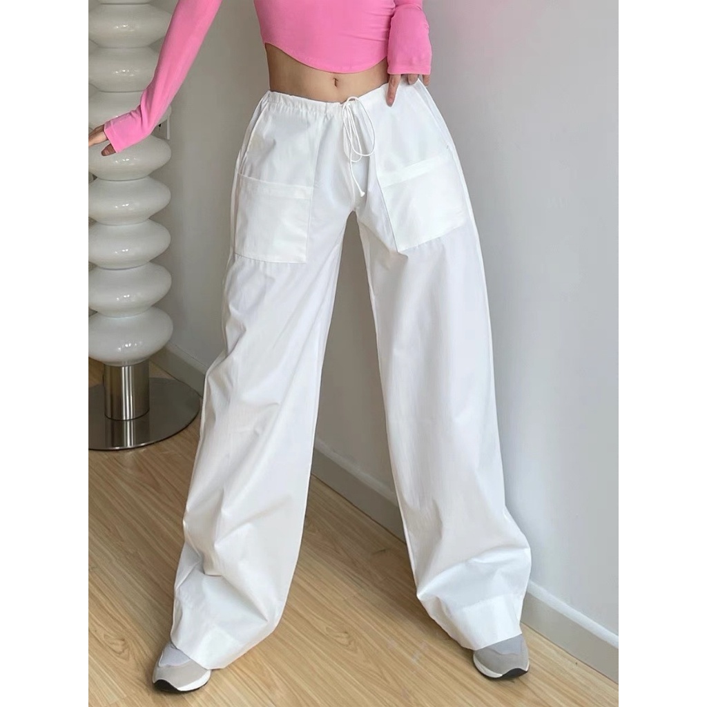 Quần Dài Ống Rộng Lưng Thấp Phối Dây Rút Phong Cách Cổ Điển Thời Trang Đường Phố Cho Nữ Y2K