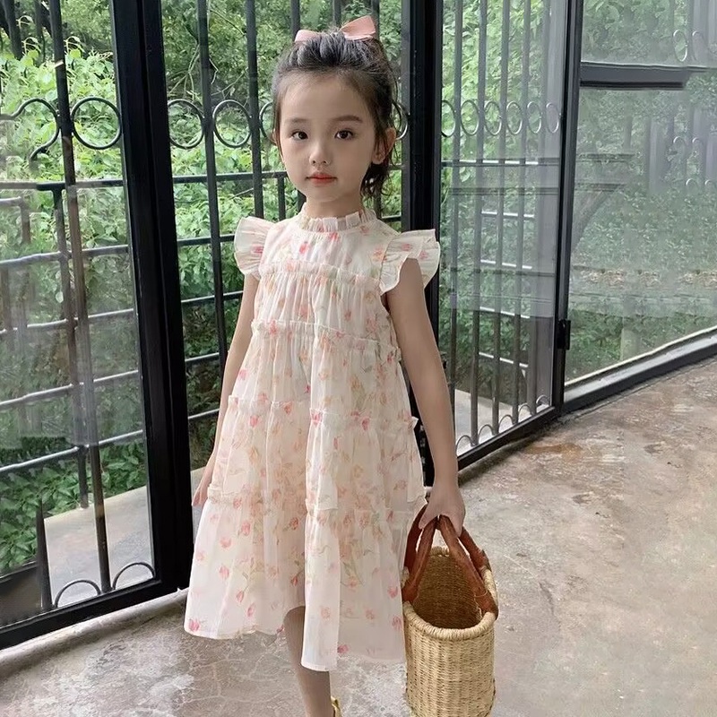 Đầm Hoa Cổ Ren Xếp Tầng Phong Cách Mới Mùa Hè Cho Bé Gái