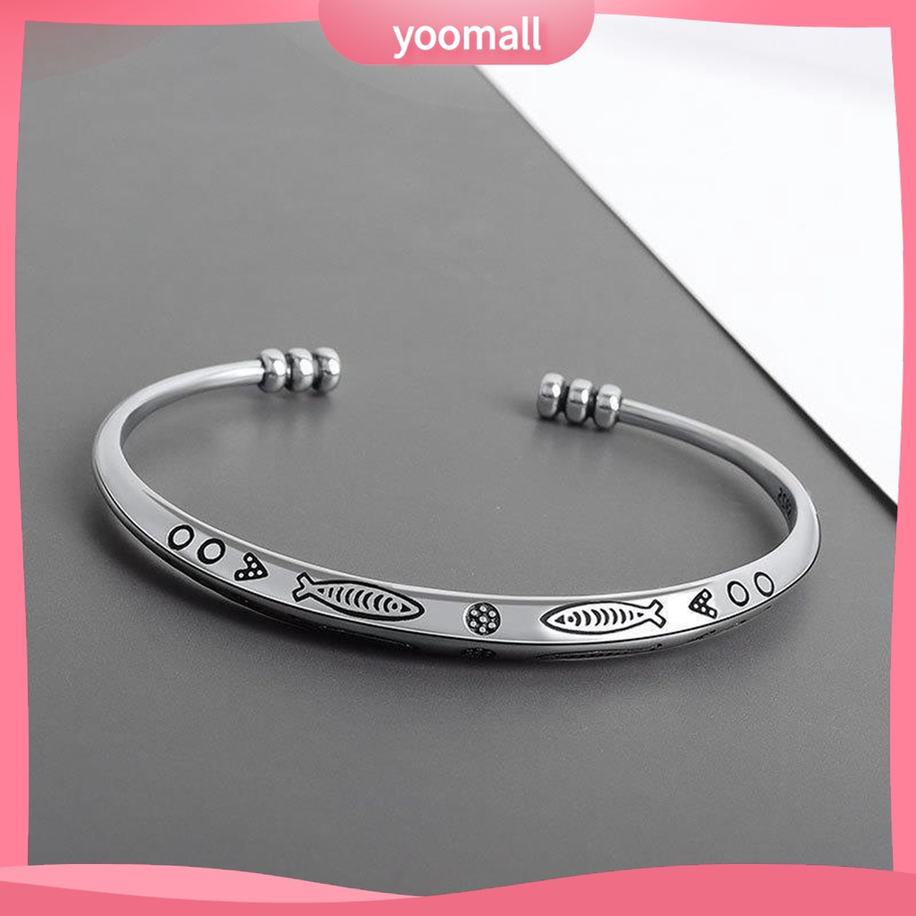 [YM] Vòng Tay Nam Dạng Hở Màu Bạc Trang Trí Hình Cá Và Chữ Cái Phong Cách Boho Có Thể Điều Chỉnh