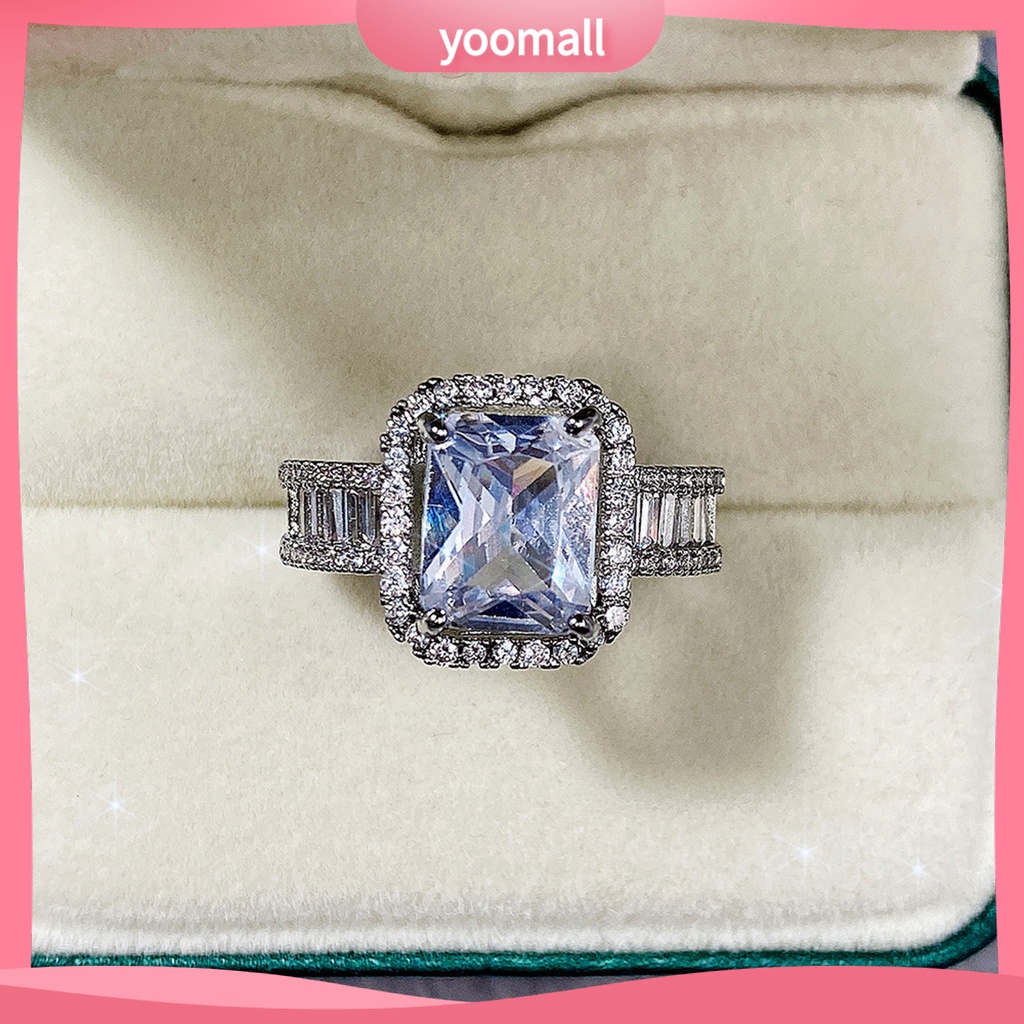 [YM] Nhẫn Cưới Bản Rộng Đính Đá Zircon Hình Vuông Lấp Lánh Không Gây Dị Ứng Trang Trí Phong Cách Phương Tây Cho Nữ