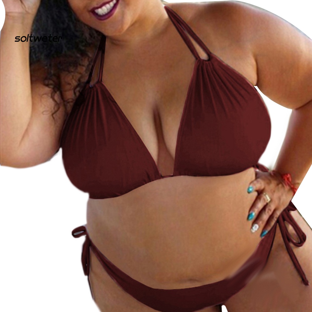 Bộ Bikini Hai Mảnh Màu Trơn Size Lớn Thời Trang Mùa Hè Cho Nữ