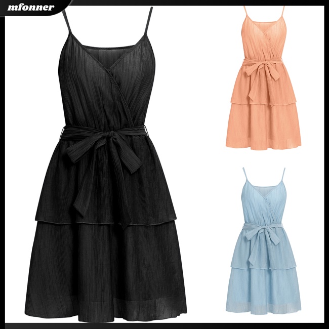 Đầm Hai Dây Cổ Chữ V Màu Sắc Đơn Giản Thanh Lịch Cho Nữ