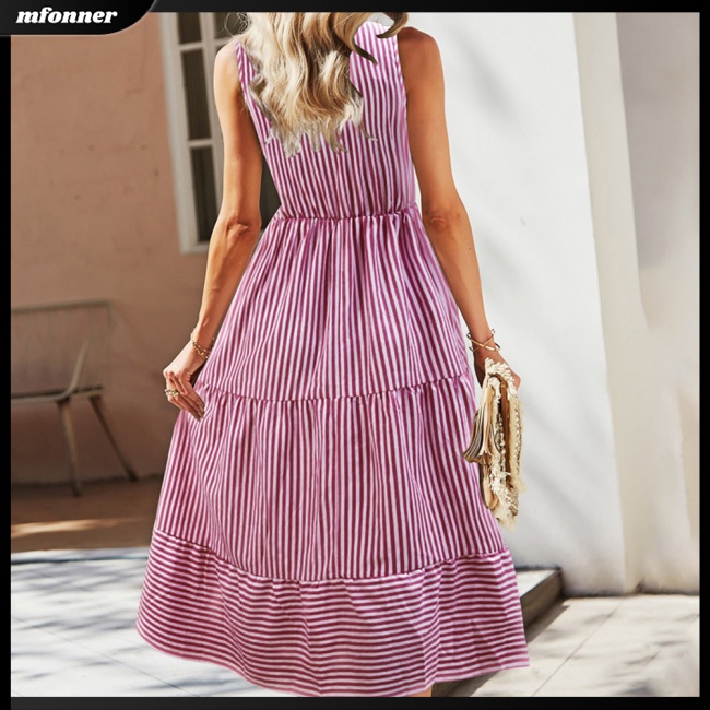 Đầm Lửng Không Tay Lưng Cao Họa Tiết Kẻ Sọc Thời Trang Mùa Hè Cho Nữ