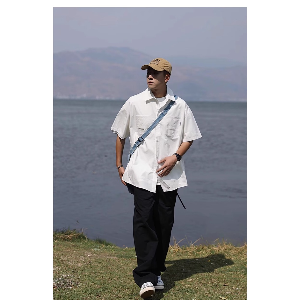 Áo Sơ Mi Tay Ngắn Màu Trơn Đơn Giản Phong Cách Đường Phố Mỹ Nhật Bản Thời Trang Mùa Hè Mới Cho Nam