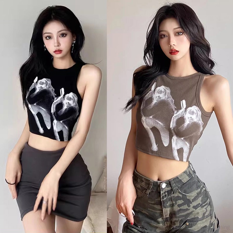 Áo Croptop Sát Nách Cổ Tròn Phong Cách Retro Mỹ