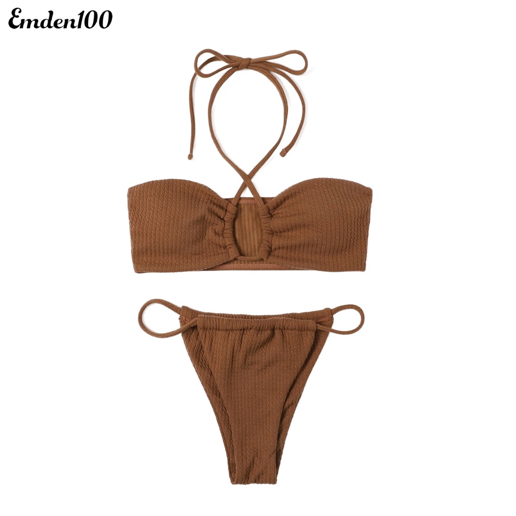 Emden Bộ Đồ Bơi Bikini Lưng Cao Có Đệm Mút Khoét Rỗng Phía Trước Cho Nữ