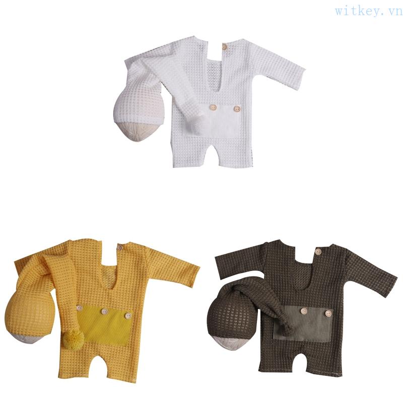 Bộ Đồ Ngủ Liền Thân Co Giãn Thắt Nút + Mũ Hình Elf Làm Phụ Kiện Chụp Ảnh Cho Bé Sơ Sinh