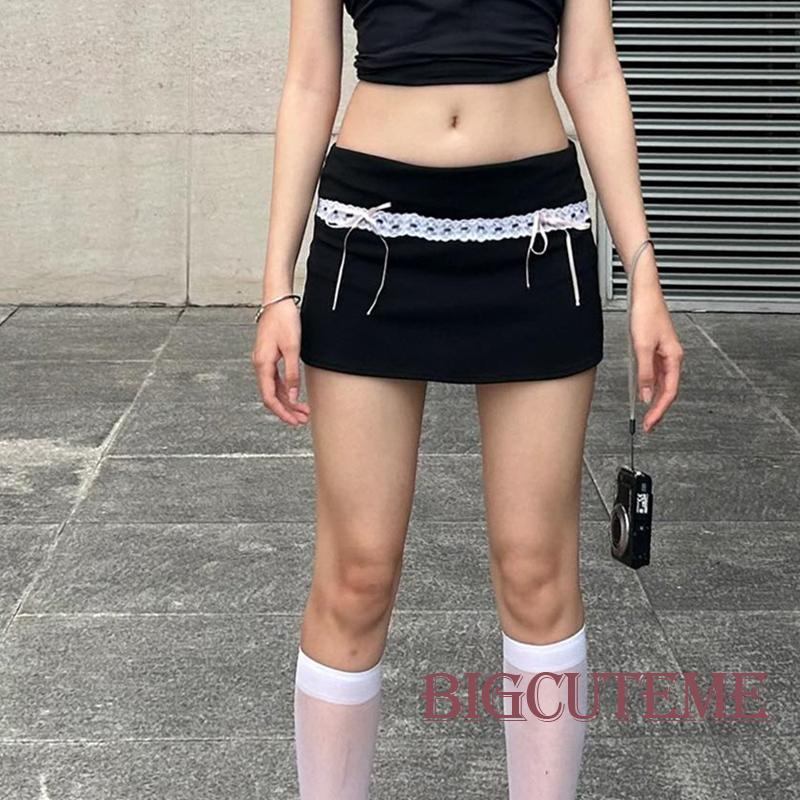 [] - Chân Váy Mini Ôm Dáng Co Giãn Phối Ren Đính Nơ Thời Trang Đường Phố Mùa Hè Cho Nữ