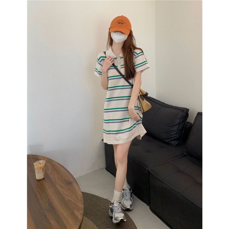 Đầm Dệt Kim Tay Ngắn Dáng Rộng Họa Tiết Kẻ Sọc Màu Sắc Tương Phản Thời Trang Mùa Hè