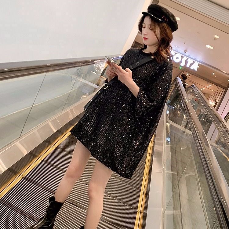 Áo Thun Tay Ngắn Dáng Rộng Đính Kim Sa Lấp Lánh Thời Trang Cho Nữ