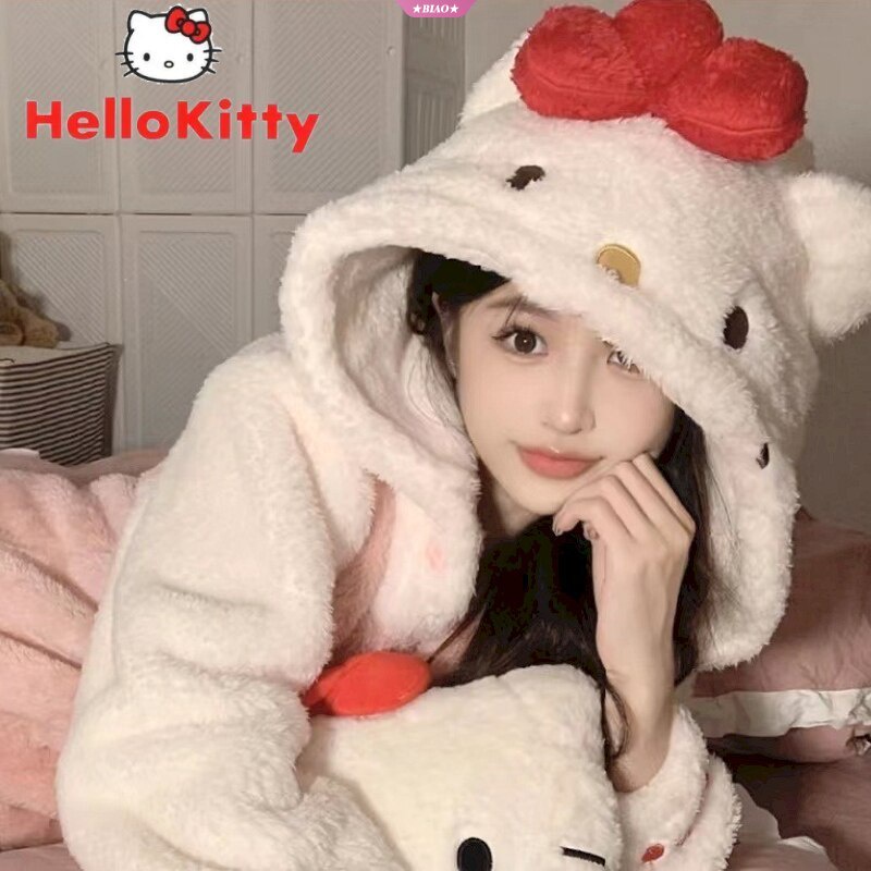 Áo Khoác Cardigan Có Nón Dày Dặn Dáng Rộng In Hình Sanrios Hello Kitty Thắt Nơ Đáng Yêu Cho Bé Gái