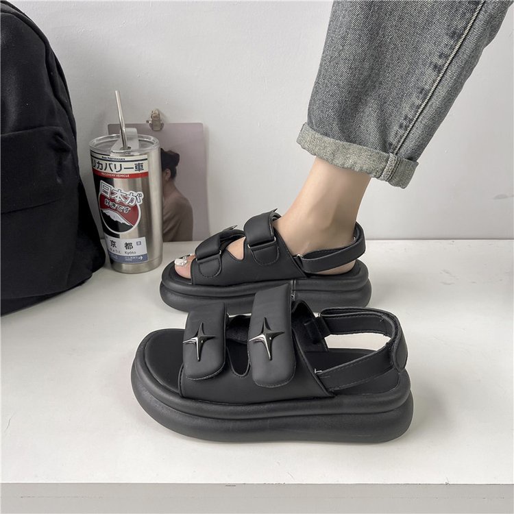 Sandal Hở Ngón Đế Cao Su PU  Quai Dán Khoá Kim Loại