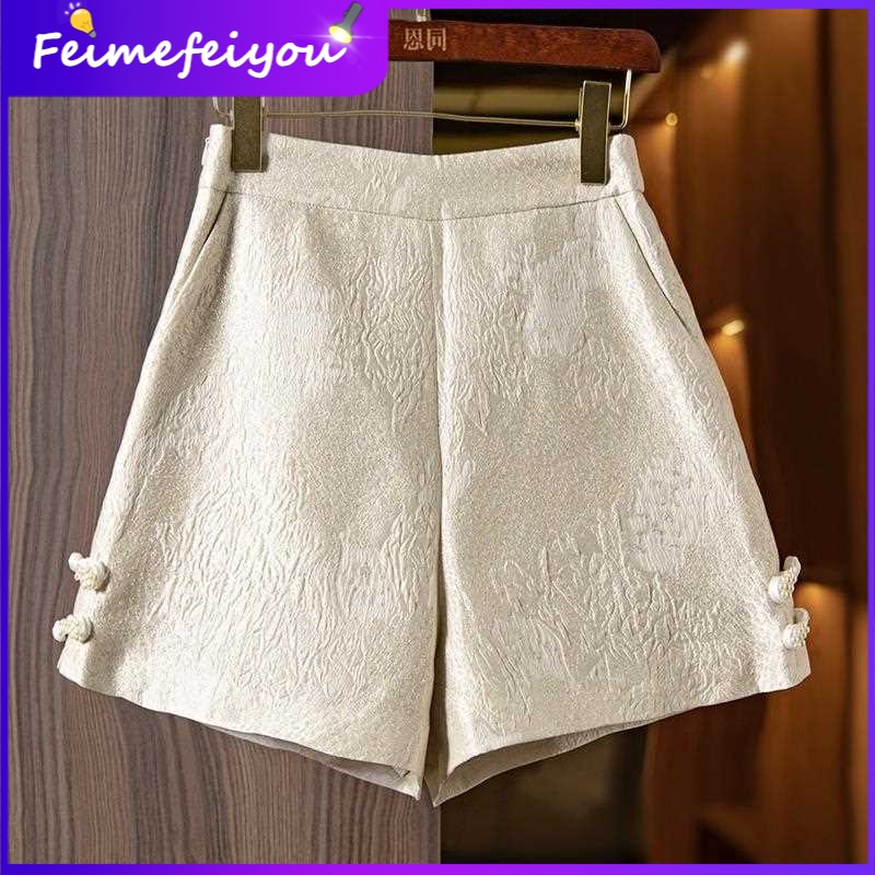 Quần Short Giả Lụa Jacquard Ba Chiều Cài Nút Đĩa Phong Cách Trung Hoa Cổ Điển Hàng Mới Mùa Hè 2023 Dành Cho Bạn Nữ