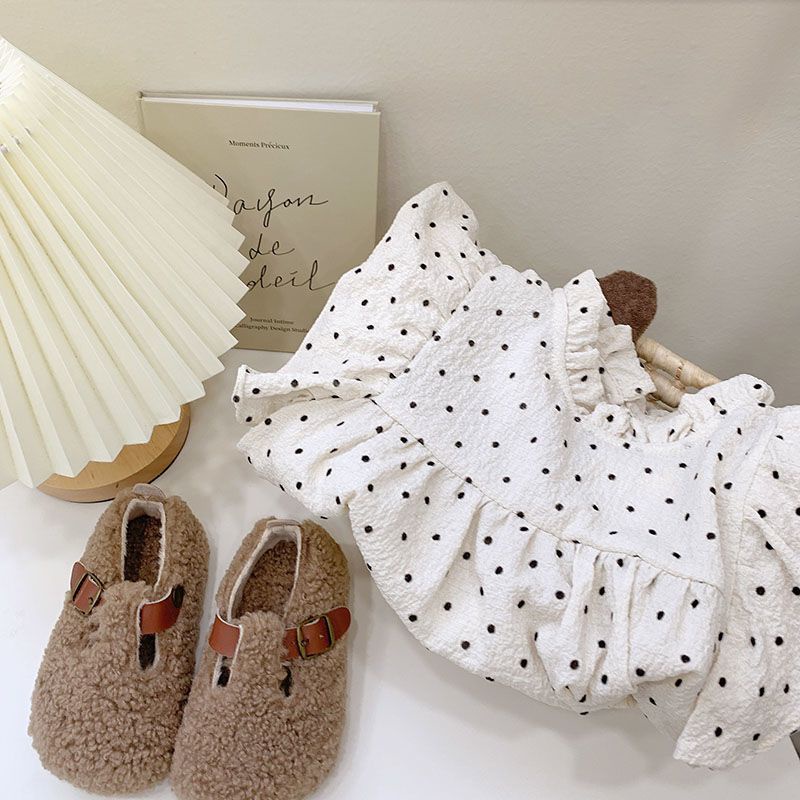 Áo Sơ Mi Cổ Đứng Lá Sen Họa Tiết Chấm Bi Phong Cách Hàn Quốc Thời Trang Mùa Thu 2023 Dành Cho Bé Gái