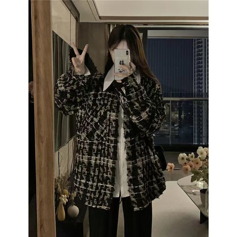 áo khoác dạ tweed nữ dáng ngắn bigsize croptop dáng dài lông hàn quốc dài big size cho bé gái áo dạ tweed áo khoát nữ áo ấm nữ Áo Khoác Thu Đông Dệt Tay Dài Dáng Rộng Phong Cách Pháp Cổ Điển Kiểu Mới 2022