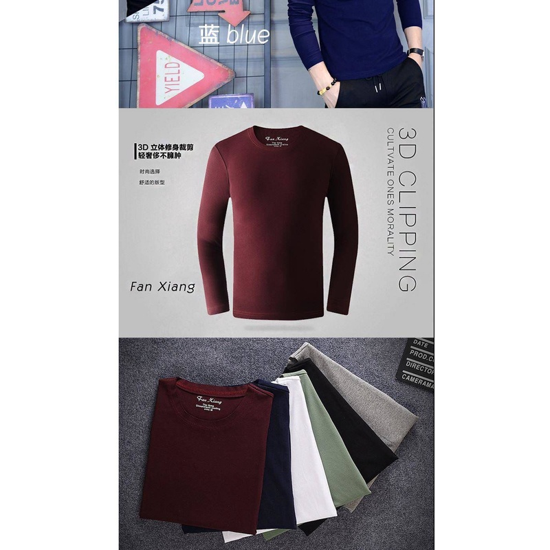 Áo t-shirt nam cổ tròn mùa xuân và mùa thu mỏng màu rắn đơn giản băng lụa dài tay áo