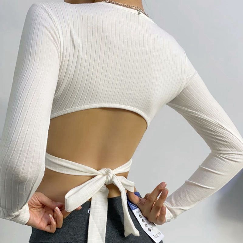 Áo Thun Thể Thao Tay Dài Khoét Eo Ngắn Hở Rốn Ôm Sát Phong Cách Âu Mỹ Quyến Rũ Cho Nữ