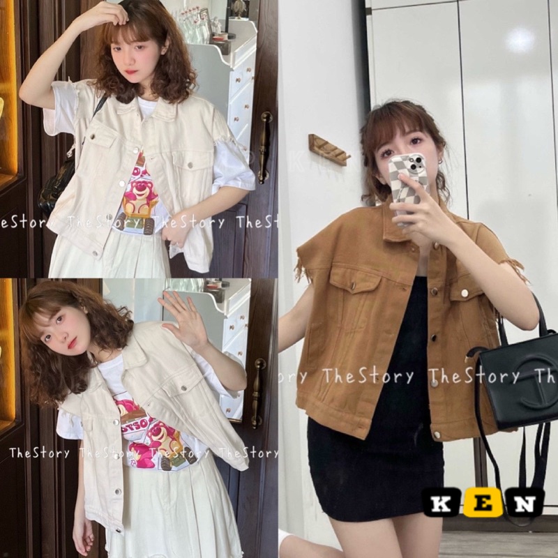 Áo gile jean nữ, áo khoác gile bò sát nách cổ bẻ túi hộp dáng ngắn croptop be nâu phong cách ulzzang hàn quốc