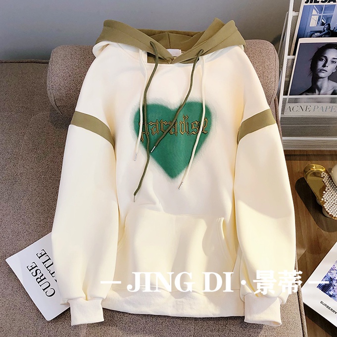 Love pink trùm đầu lông cừu lót dày áo len nữ nhỏ 2023 phong cách mới phong cách preppy lỏng lẻo 100kg hàng đầu