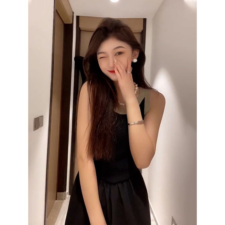 Set Đầm Hai Dây Dệt Kim Màu Đen Thời Trang Mùa Thu 2023 Cho Nữ