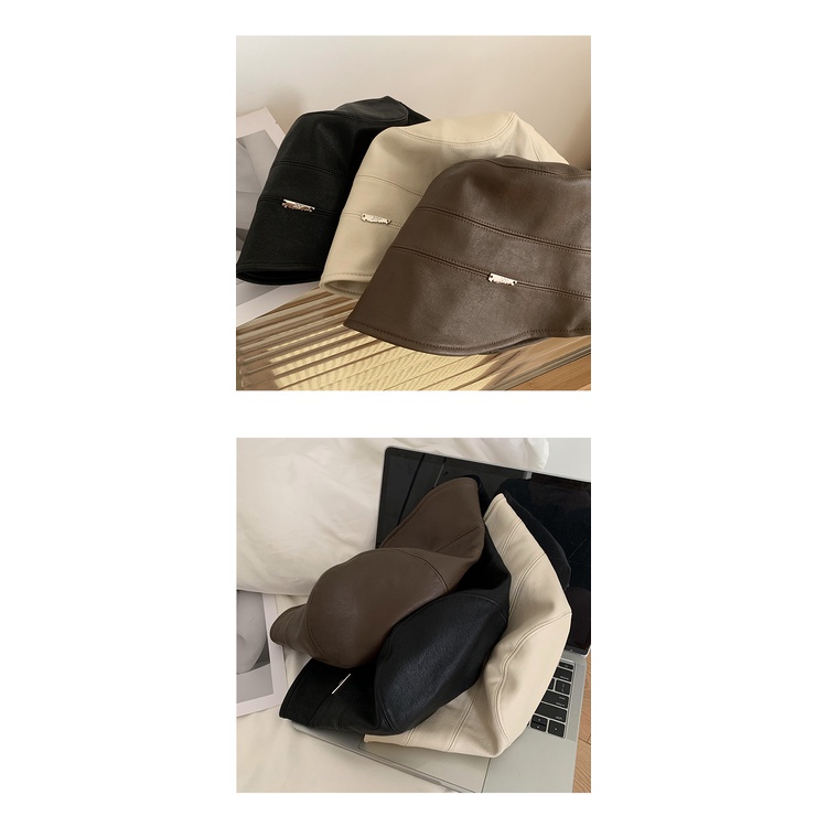 Mũ Bucket Chất Liệu Da Màu Đen Phong Cách Thời Trang Nhật Bản Dành Cho Nữ