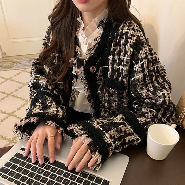 Áo Khoác Dáng Ngắn Phối Tua Rua Màu Vàng Đen Thời Trang Xuân Thu Cao Cấp Cho Nữ