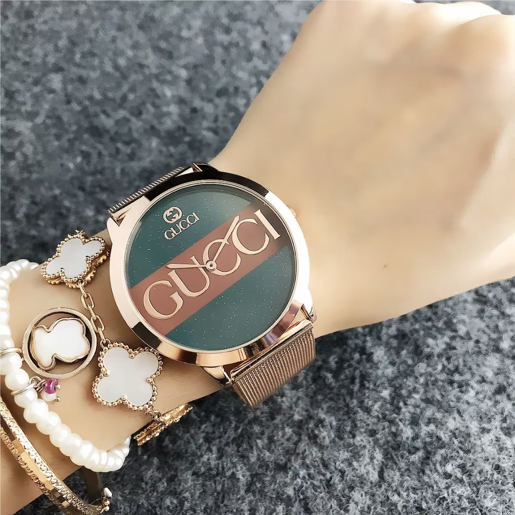 Đồng hồ đôi Mặt Tròn Họa Tiết Gucci Dây Da Thép Không Gỉ Thời Trang Cho Nam Và Nữ