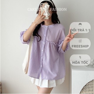 Áo Sơ Mi Cổ Trụ Viền Bèo Tay Lửng Áo Cổ Tròn Dáng Babydoll Màu Kẻ