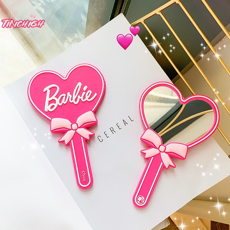 Gương Trang Điểm Cầm Tay Hình Trái Tim In Chữ barbie Màu Hồng Dễ Thương