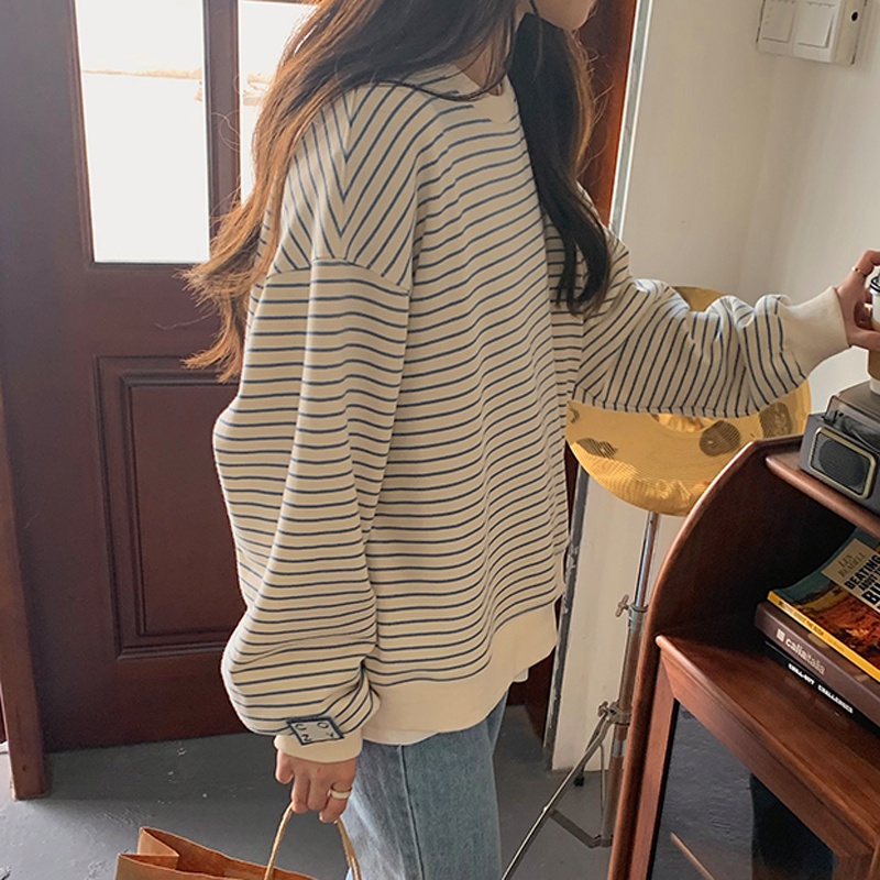 Áo len mùa thu cổ tròn mỏng sọc trên cho nữ