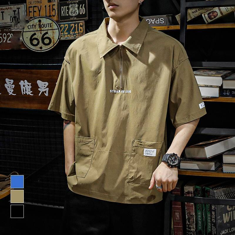 Summer Thin Ice Silk Retro Multi-Pocket Work Pants Lapel Short-Sleeved T-shirt Men's Polo Shirt Loose-Fitting plus Size Half-Length Sleeves Ao6L