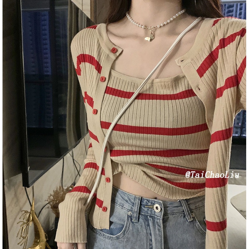 Brand cut label remove Cabinet spring clothes lazy style retro striped knitted cardigan women's design sense sling two-piece coat MC clothing XYXV