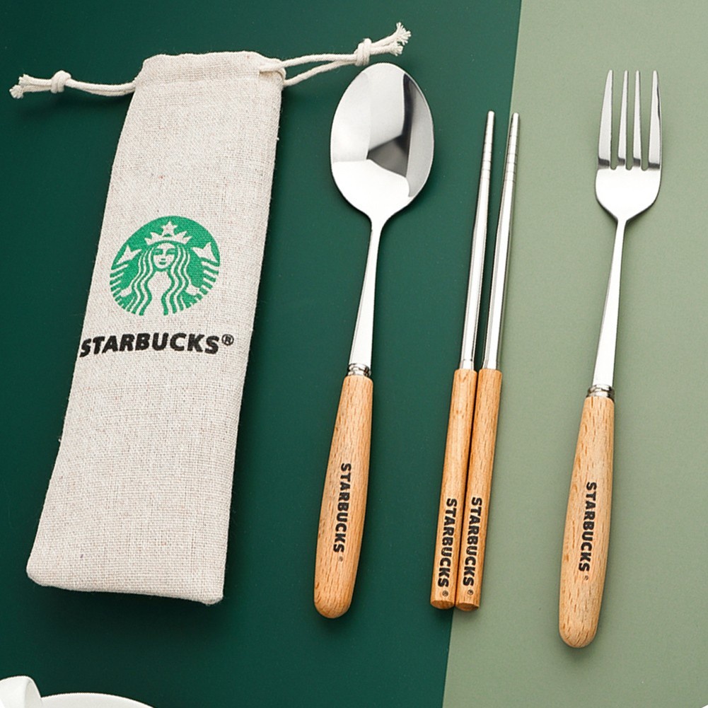 Starbucks Bộ Muỗng Đũa Nĩa Bằng Inox Phong Cách Nhật Bản