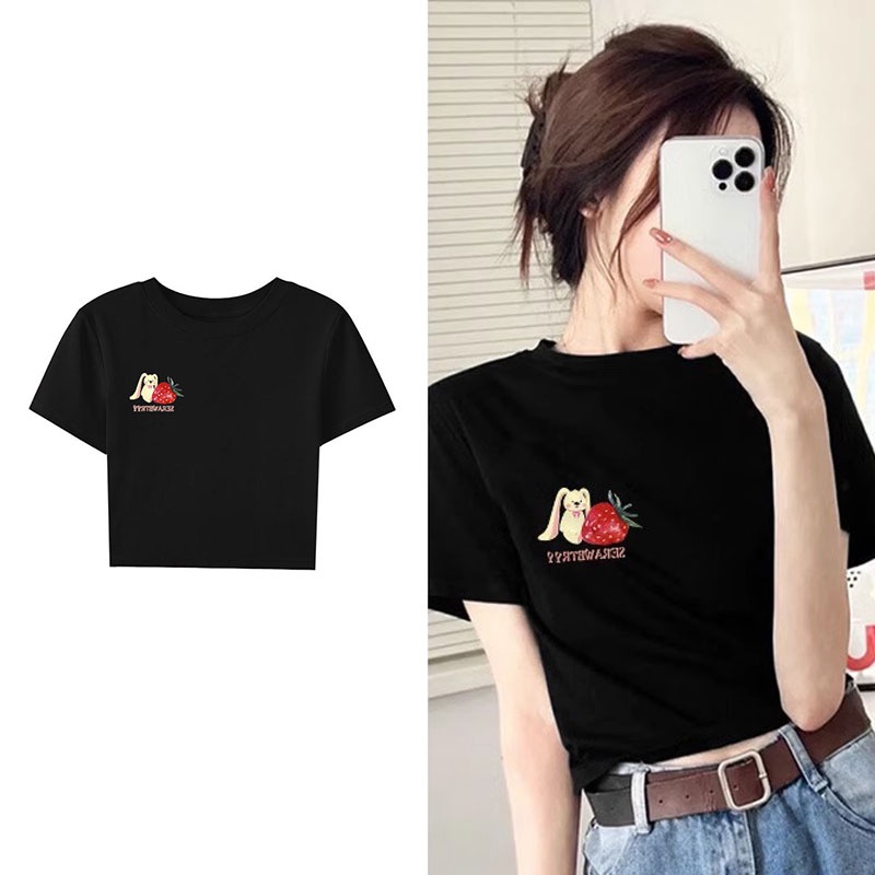 Fashmily new 100% cotton cut top slim fit tay ngắn cổ tròn thương hiệu địa phương t-shirt nữ