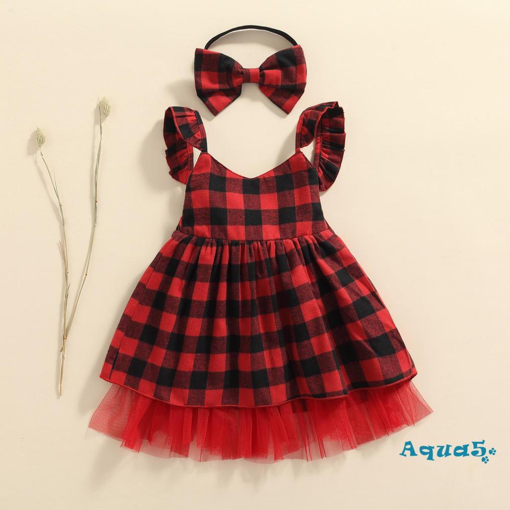 Aqua- set Đầm Không Tay In Họa Tiết Sọc Caro Đỏ Và Băng Đô Cài Tóc Cho Bé Gái