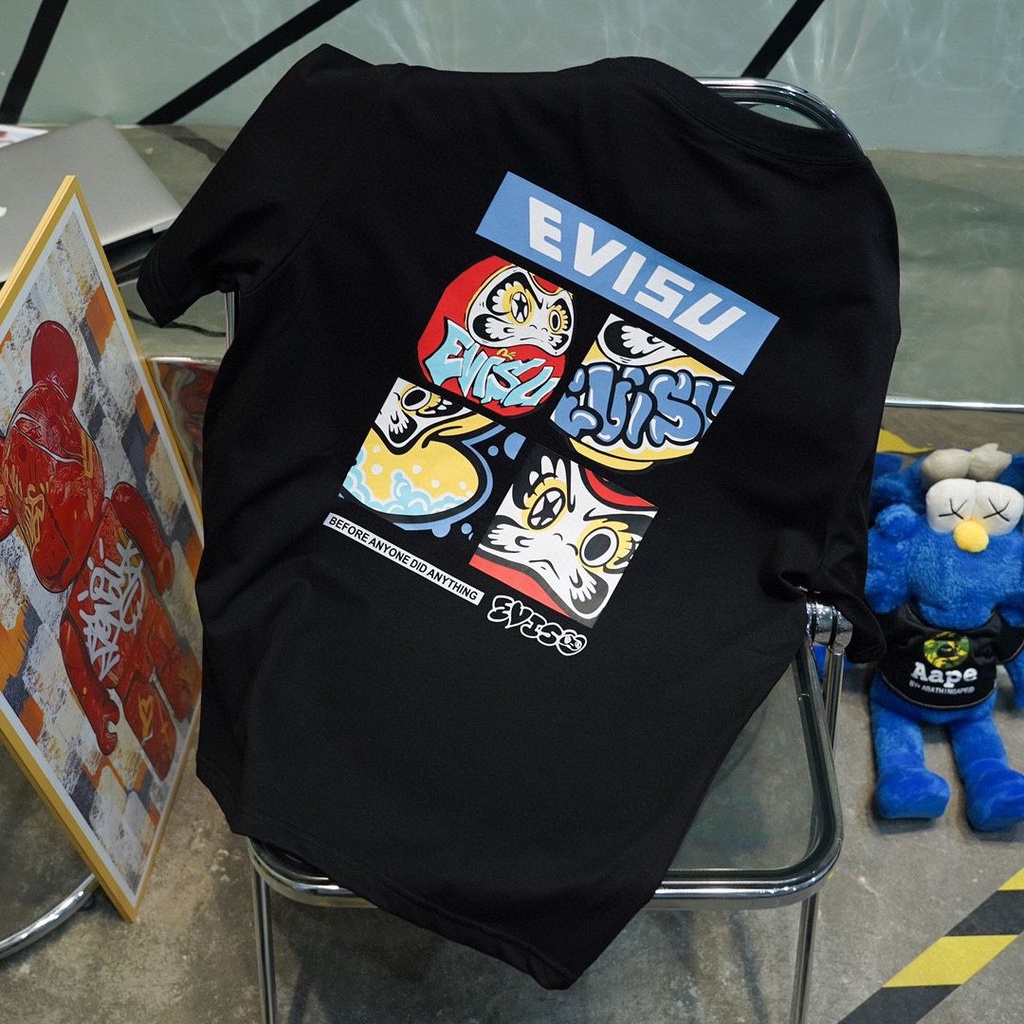 Ev tide thương hiệu fushen t-shirt ngắn tay 2023 mùa hè mới bốn mẫu gedamo in giản dị cổ áo tay ngắn rời + thẻ