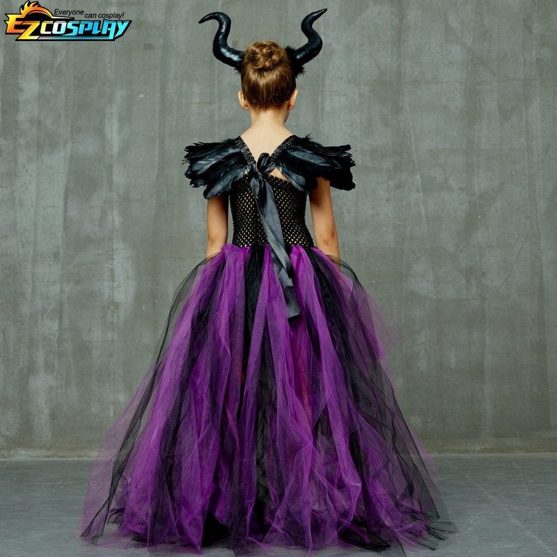 Disney maleficent costume dress halloween girls fancy christening black glam gownprom kids cosplay demon queen quần áo phù thủy
