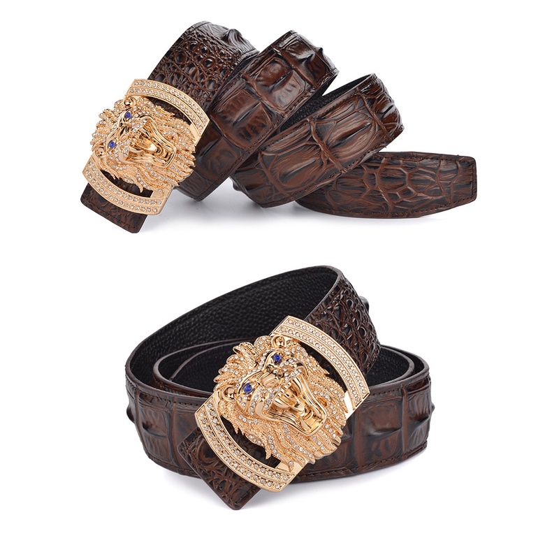 Thắt lưng nam da nâu cá sấu vàng sang trọng khóa sư tử quà tặng bằng da