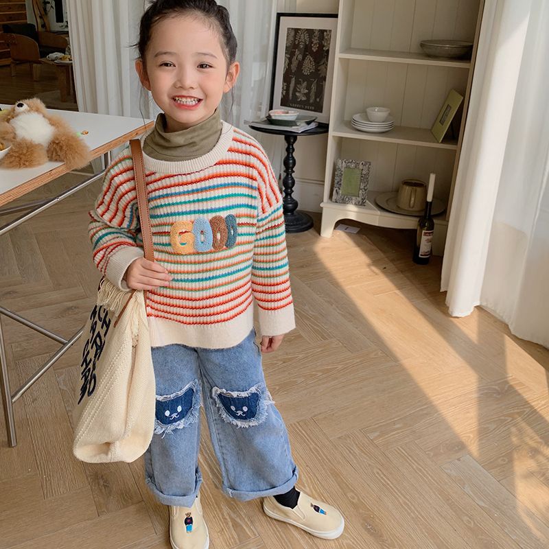 Quần jeans dài BEIBEIYIN vải denim ống rộng họa tiết hoạt hình dễ thương phong cách Hàn Quốc thời trang dành cho bé gái