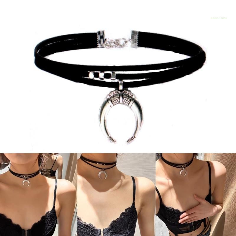 San * dark moon witch choker vòng cổ cổ điển moon horn mặt dây chuyền dây đen xương đòn chuỗi goth choker đồ trang sức trang trí pa