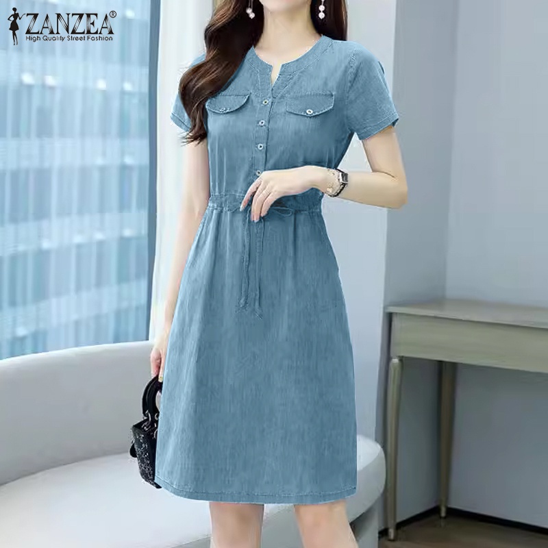 Zanzea phụ nữ hàn quốc tay ngắn v-cổ eo dây rút váy denim | BigBuy360 - bigbuy360.vn