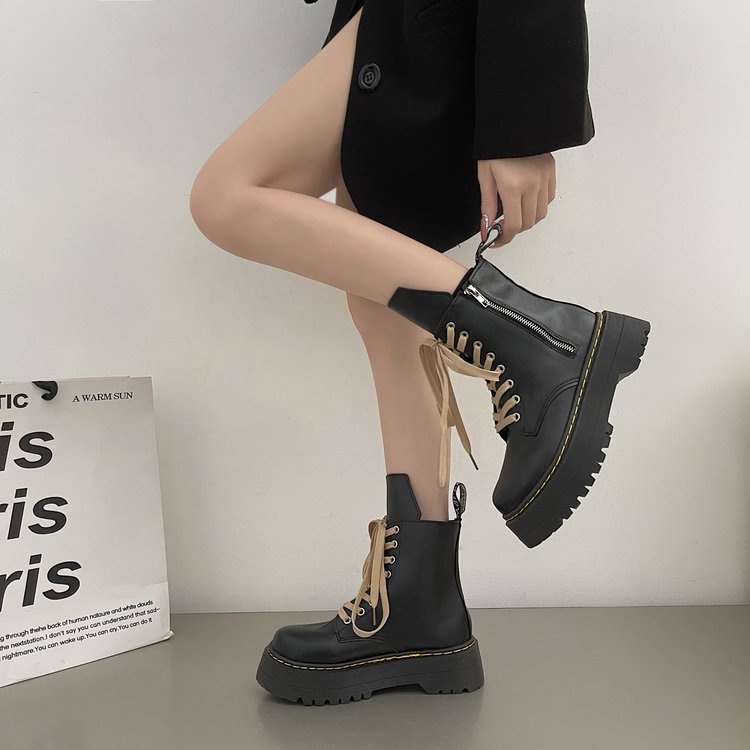 Blackpink cùng phong cách pu nền tảng ngón chân tròn đế martin boots phong cách anh niche ins side zipper dày đế thời trang boots nữ