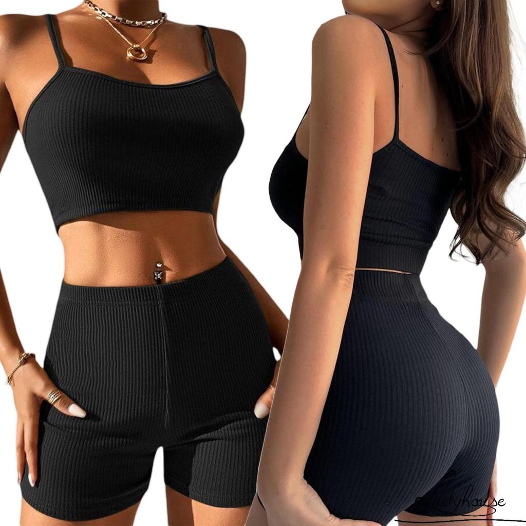 Set Đồ Mùa Hè 2 Món Gồm Áo Hai Dây Gân Gân + Quần Ngắn Eo Cao Cho Nữ Tập yoga