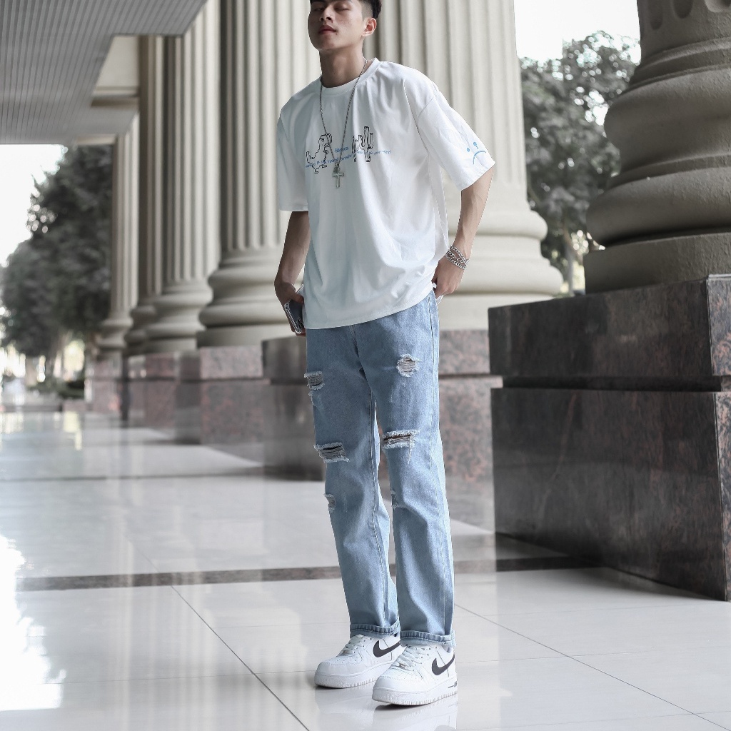 Quần jean rách nam nữ unisex dáng baggy phom rộng  màu xanh nhạt chuyensiluxury hà nội hcm