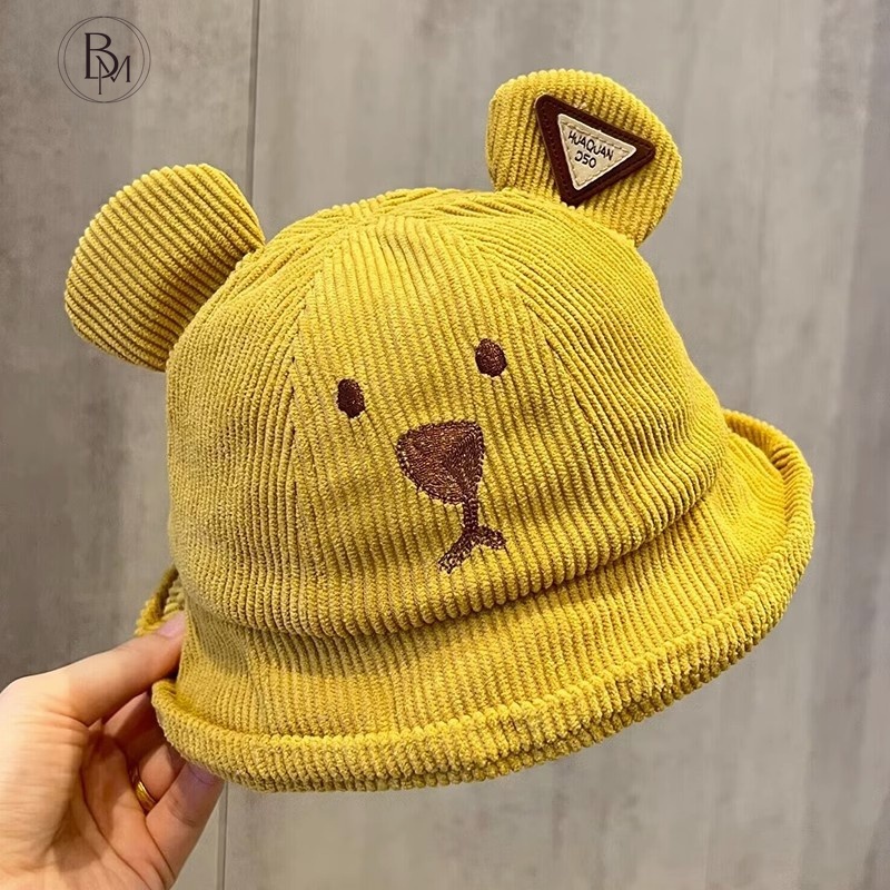 Mũ vải nhung mùa thu siêu dễ thương mũ hoạt hình gấu trẻ em mũ lưu vực bé trai và bé gái mũ ngư dân