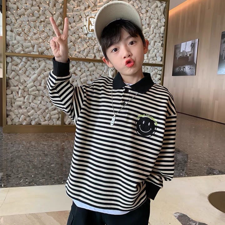 Áo sweater Tay Dài Họa Tiết Kẻ Sọc Phong Cách Hàn Quốc Thời Trang Cho Bé Trai