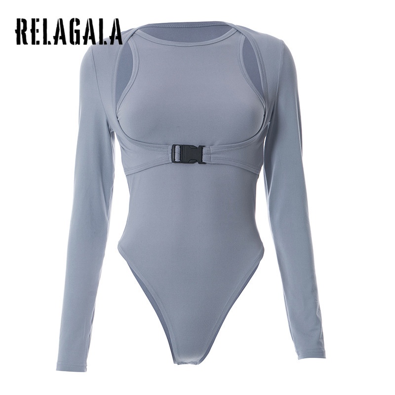Áo bodysuit nữ RelaGala màu trơn đơn giản tay dài cổ tròn