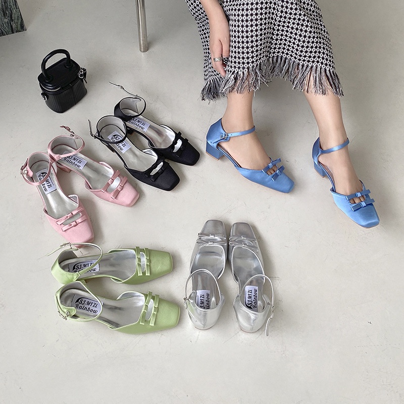 Sandal Mũi Vuông Gót Dày Đính Nơ Thời Trang Mùa Hè Hàn Quốc 2023 Cho Nữ