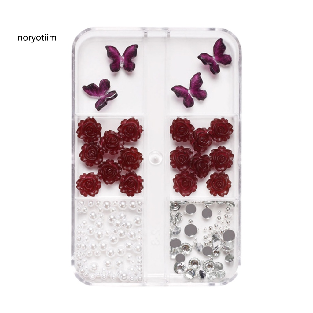 1 Hộp Phụ Kiện Trang Trí Móng Tay Hình Bướm Và Hoa Hồng 3D Bằng Nhựa Resin
