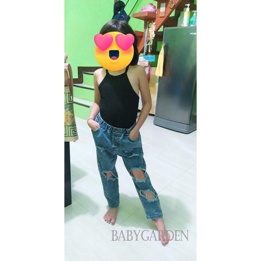 Set Áo Trễ Vai + Quần Jeans Rách Có Túi Cho Bé Gái 1-6 Tuổi